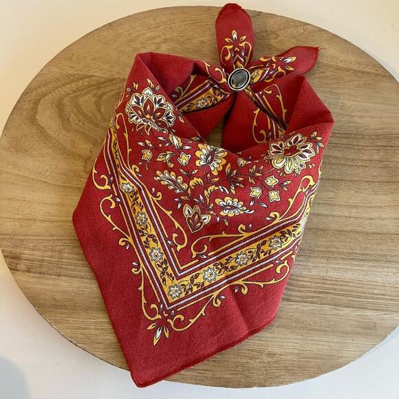 Vintage 90s Cottage Red & Yellow Floral Cotton Square Bandana Neck Tie - Picture 2 of 12